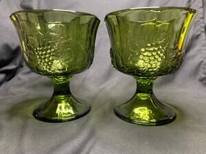 Vintage Indiana Glass Harvest Grape Olive Green Footed Sherbet Bowls Set 2